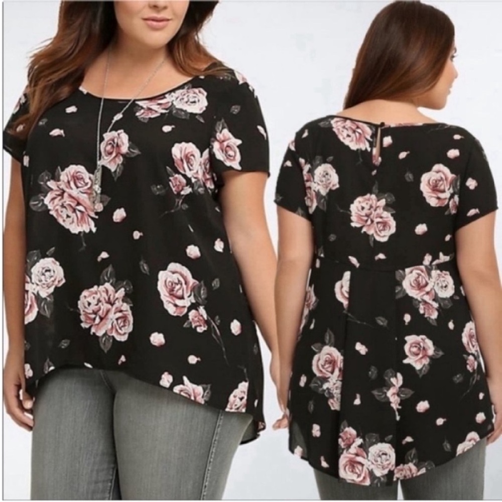 Torrid Georgette Hi Low shirt black pink floral pleated keyhole